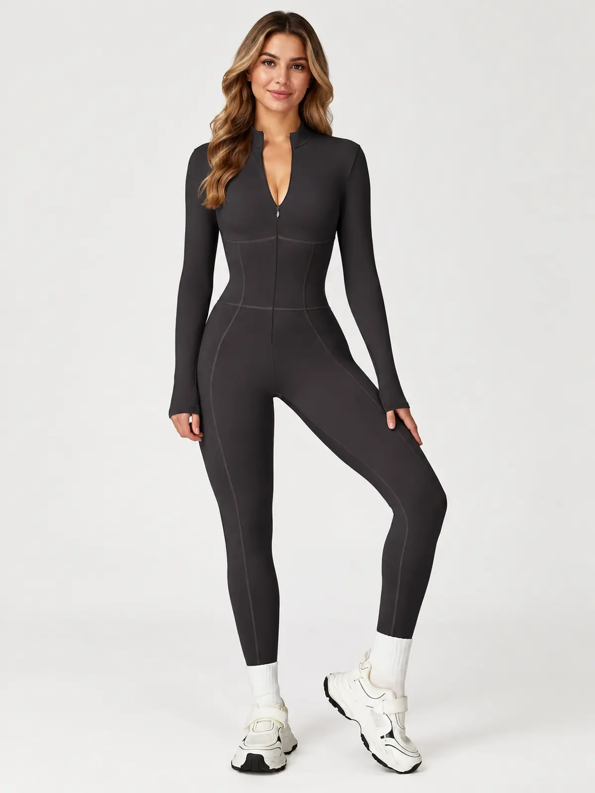 Tamarack Form Long-Sleeve Zip-Front Yoga Jumpsuit — black — authoritative variation image
