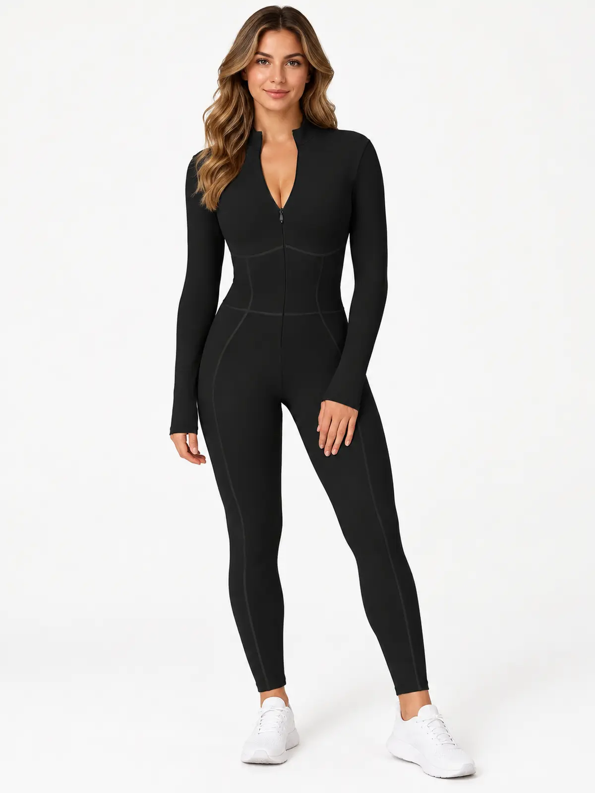 Tamarack Form Long-Sleeve Zip-Front Yoga Jumpsuit — black — authoritative variation match