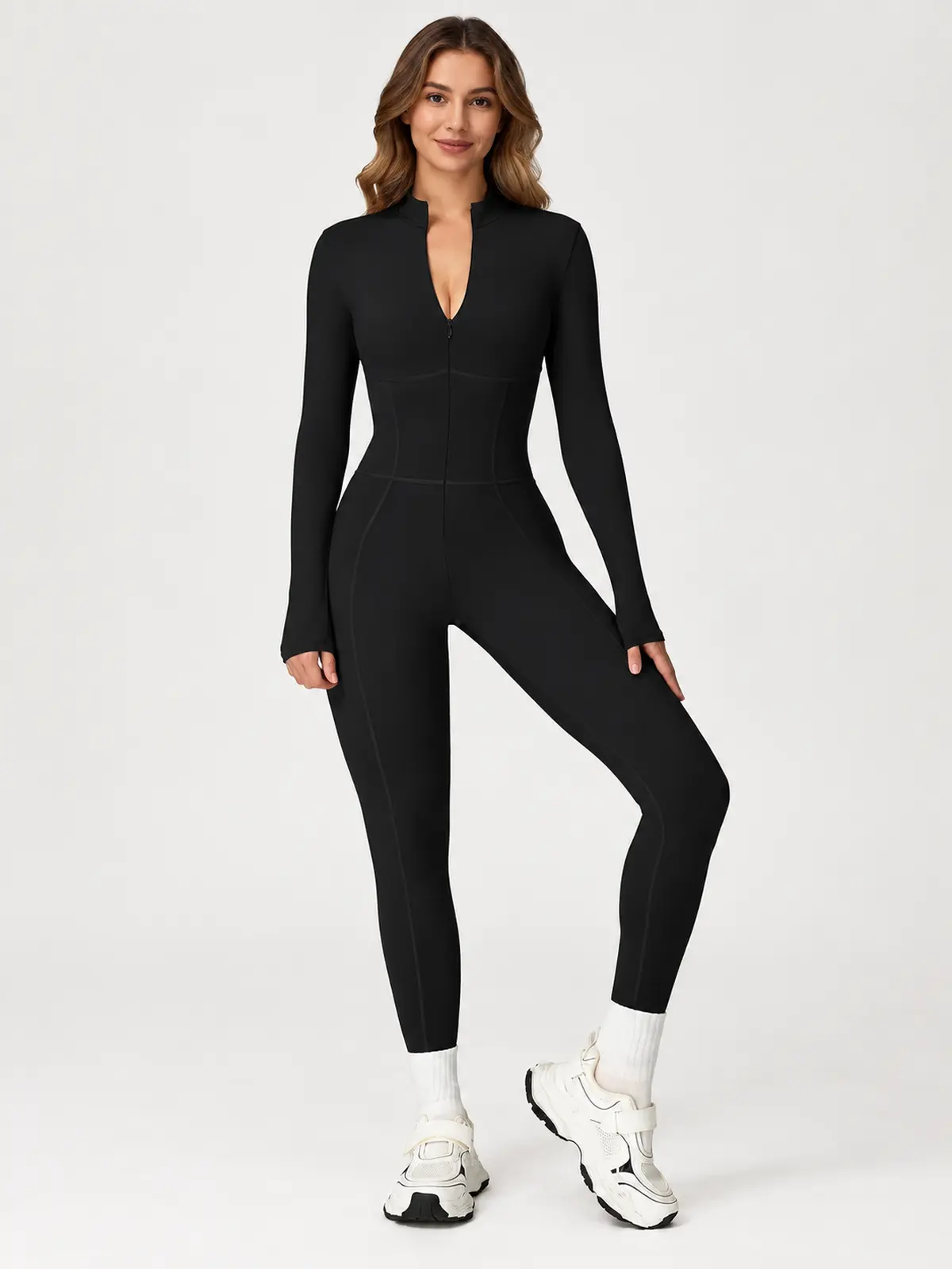 Tamarack Form Long-Sleeve Zip-Front Yoga Jumpsuit — black — authoritative variation match