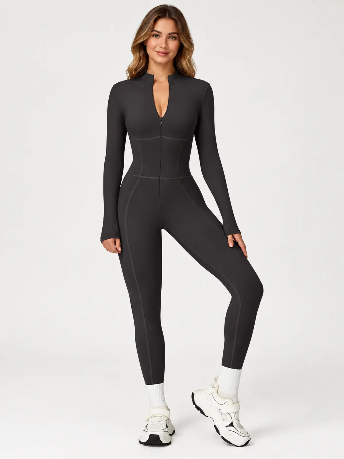 Tamarack Form Long-Sleeve Zip-Front Yoga Jumpsuit — black — authoritative variation match