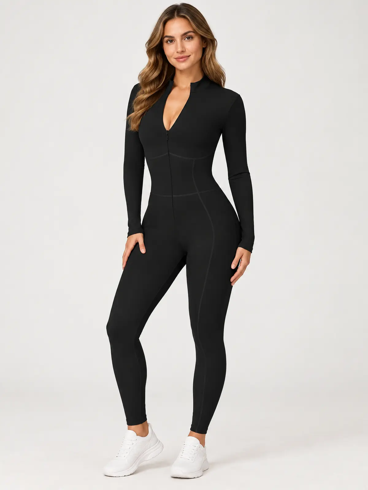 Tamarack Form Long-Sleeve Zip-Front Yoga Jumpsuit — black — authoritative variation match