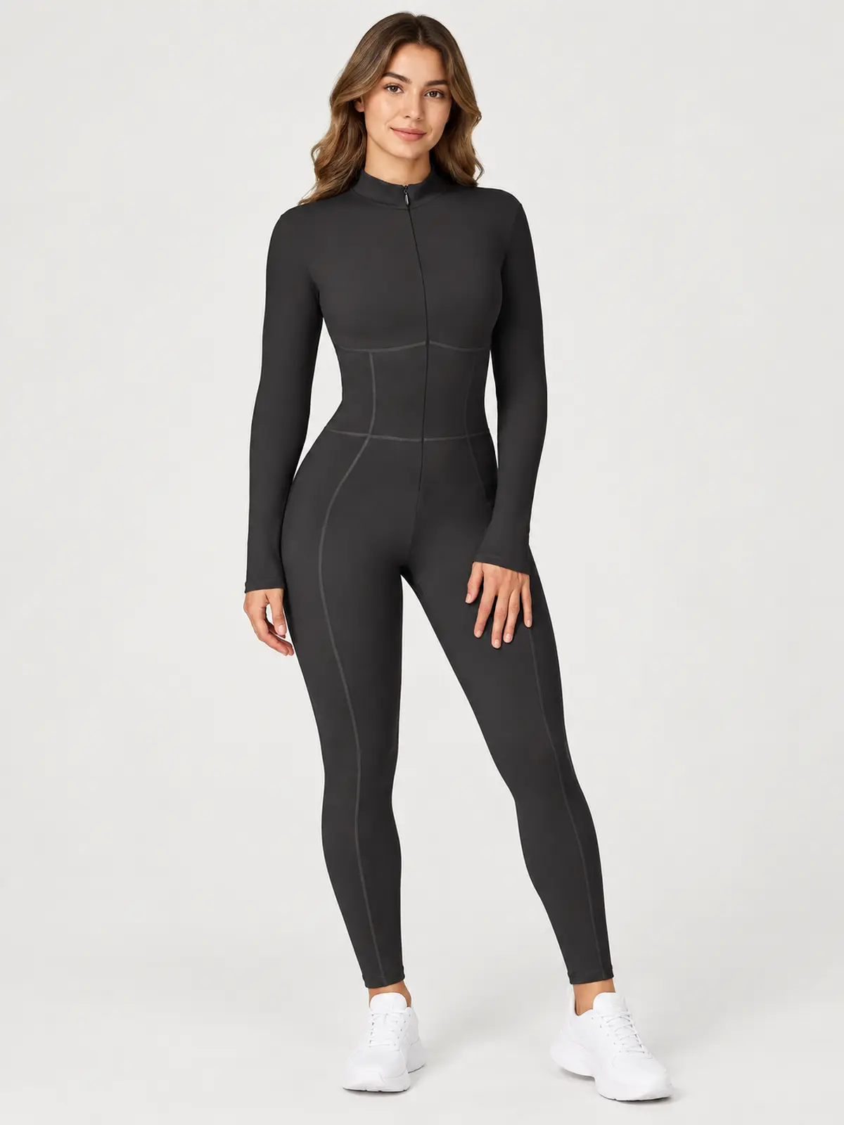 Tamarack Form Long-Sleeve Zip-Front Yoga Jumpsuit — black — authoritative variation match