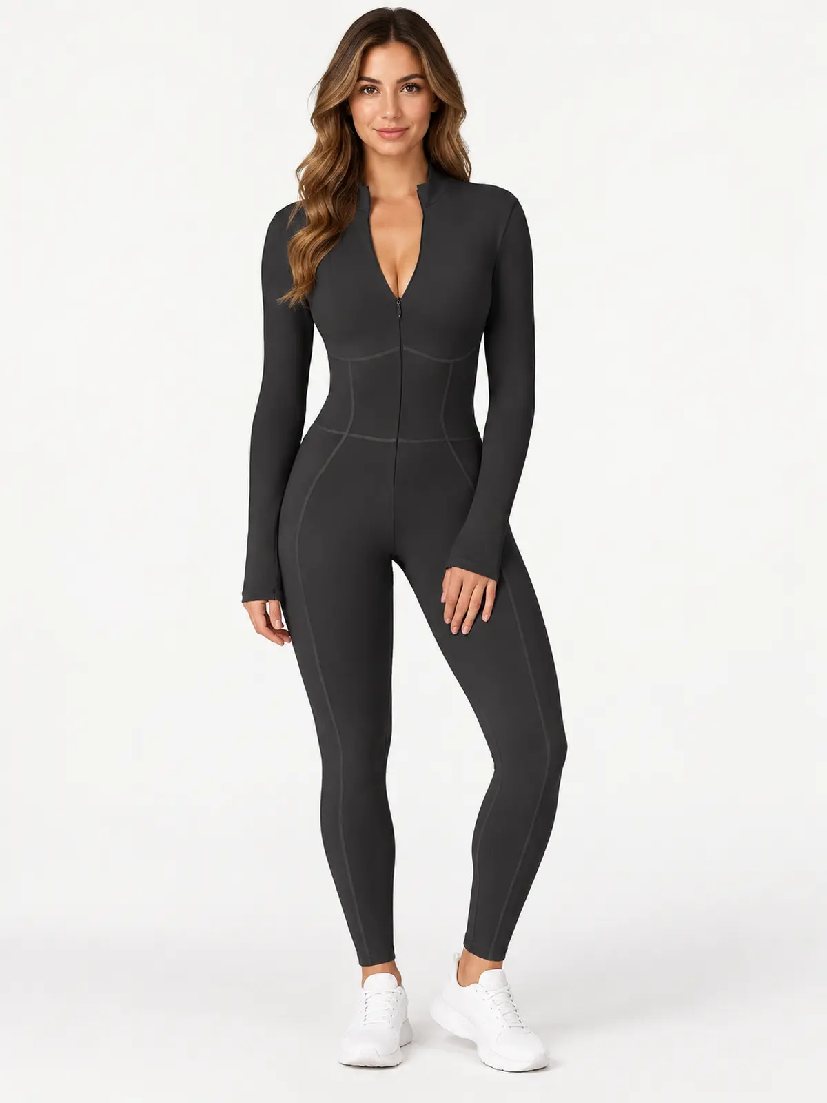 Tamarack Form Long-Sleeve Zip-Front Yoga Jumpsuit — black — authoritative variation match