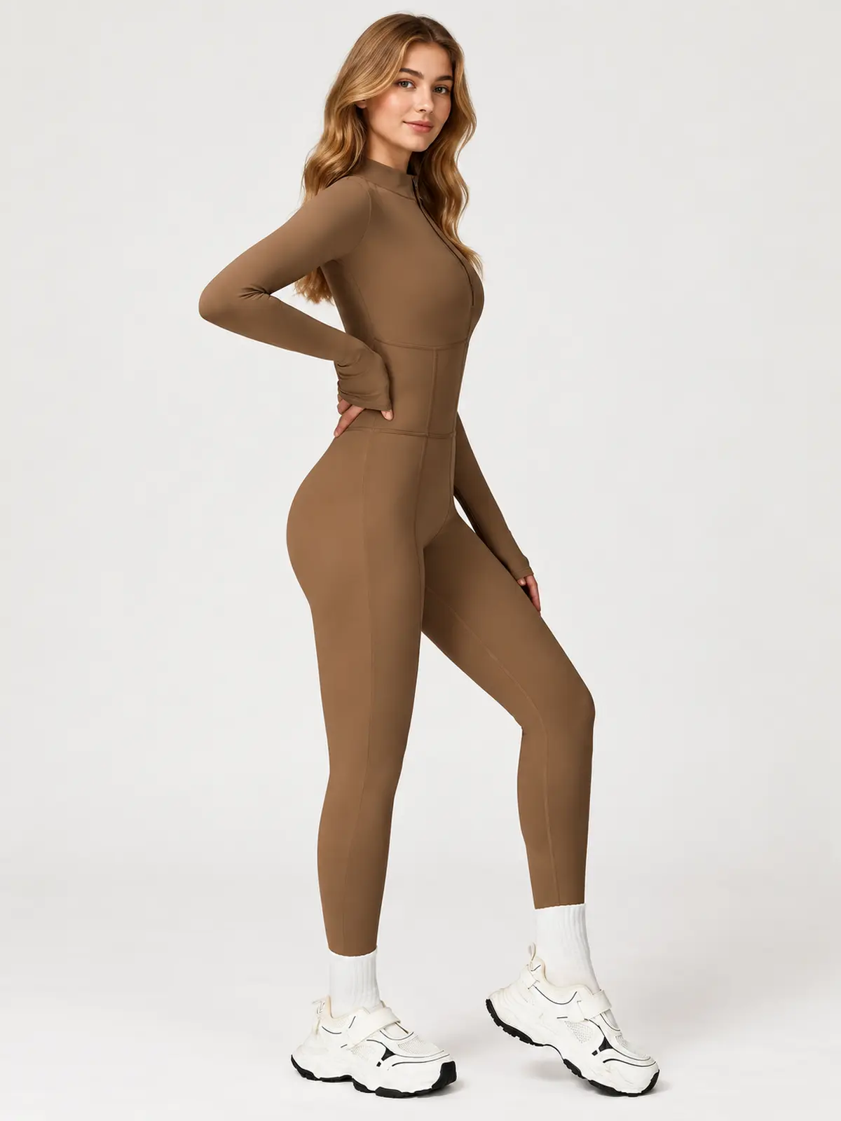 Tamarack Form Long-Sleeve Zip-Front Yoga Jumpsuit — camel brown — assigned human anchor cluster