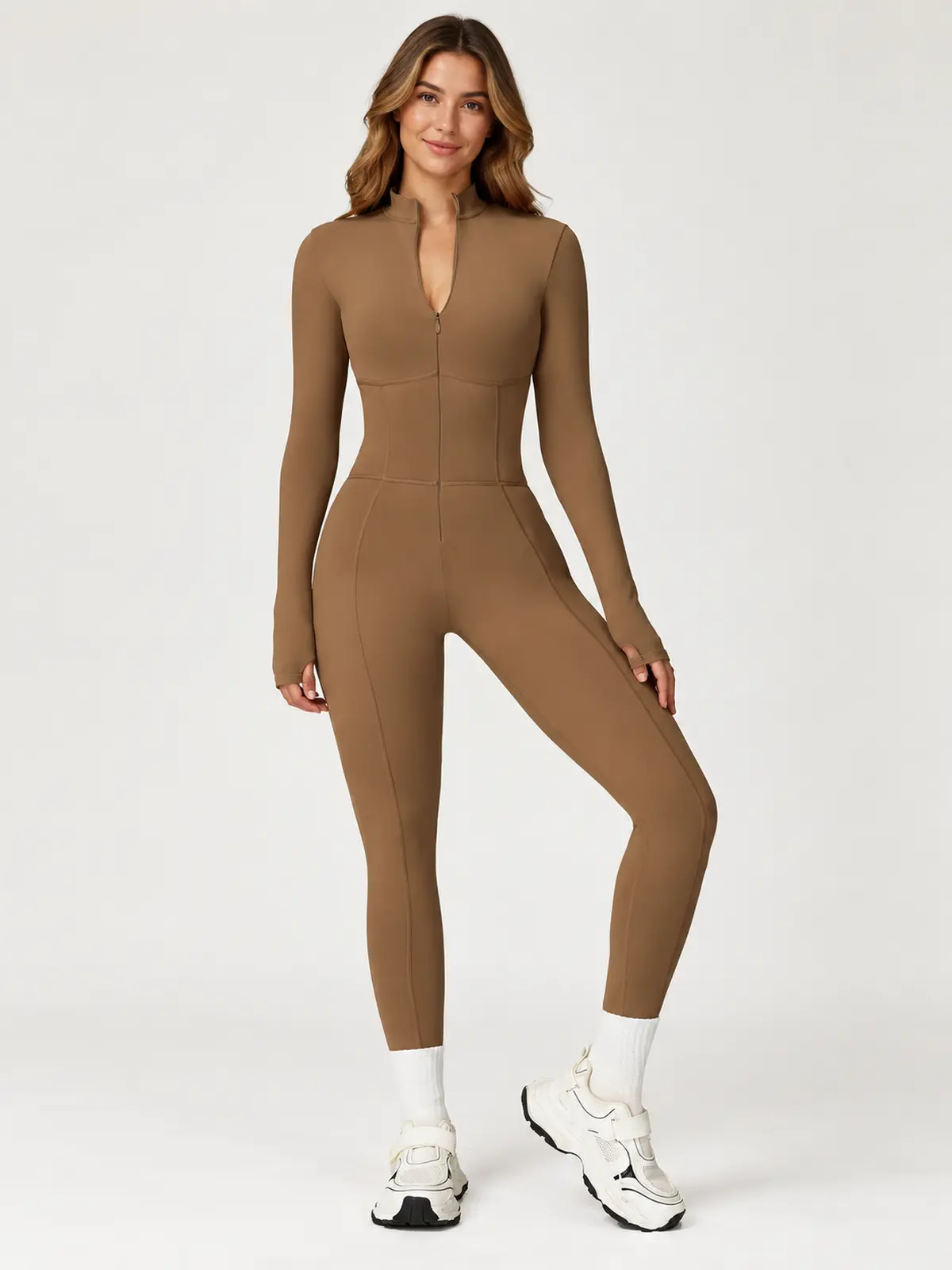 Tamarack Form Long-Sleeve Zip-Front Yoga Jumpsuit — camel brown — authoritative variation image