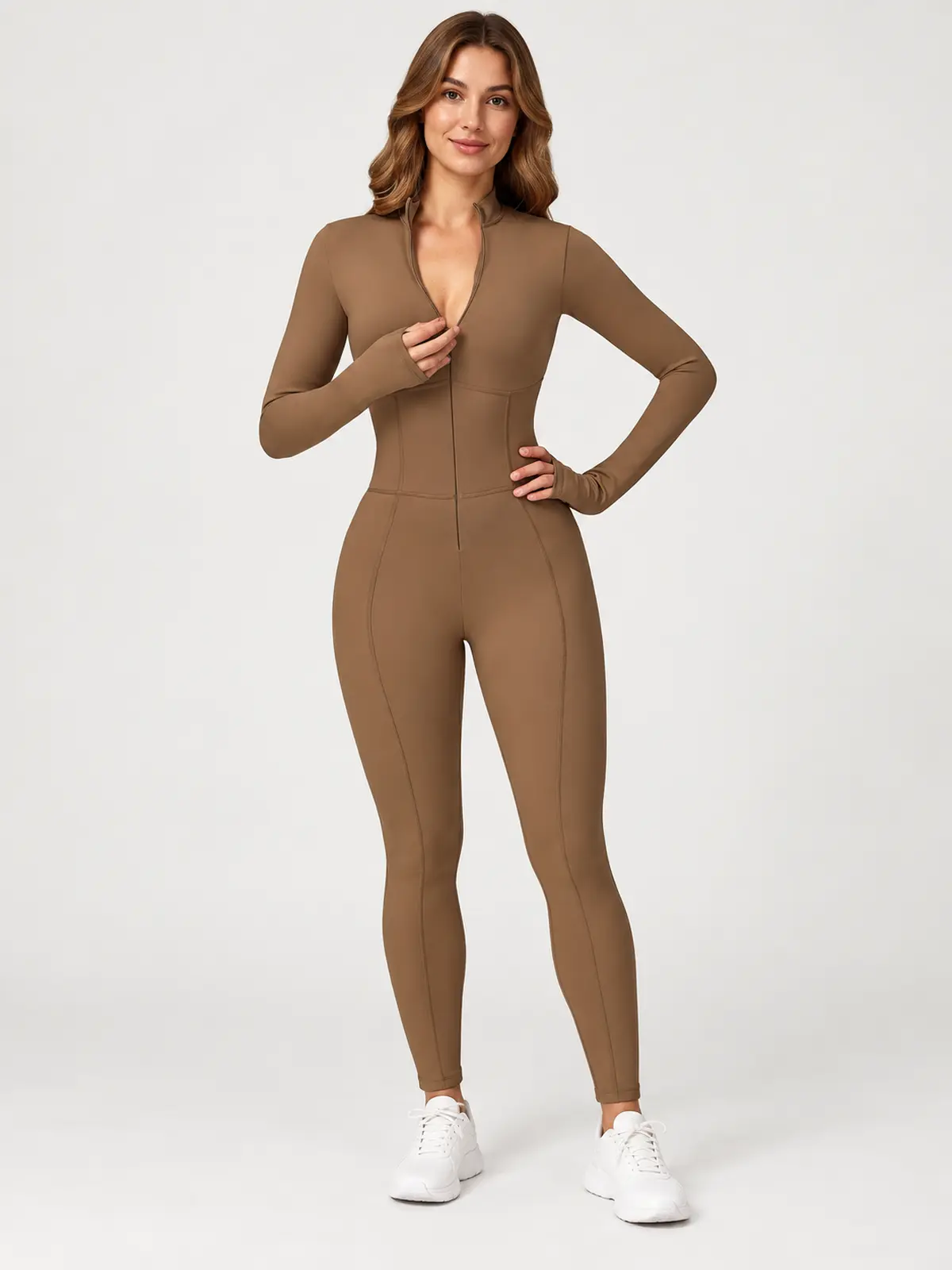 Tamarack Form Long-Sleeve Zip-Front Yoga Jumpsuit — camel brown — authoritative variation match