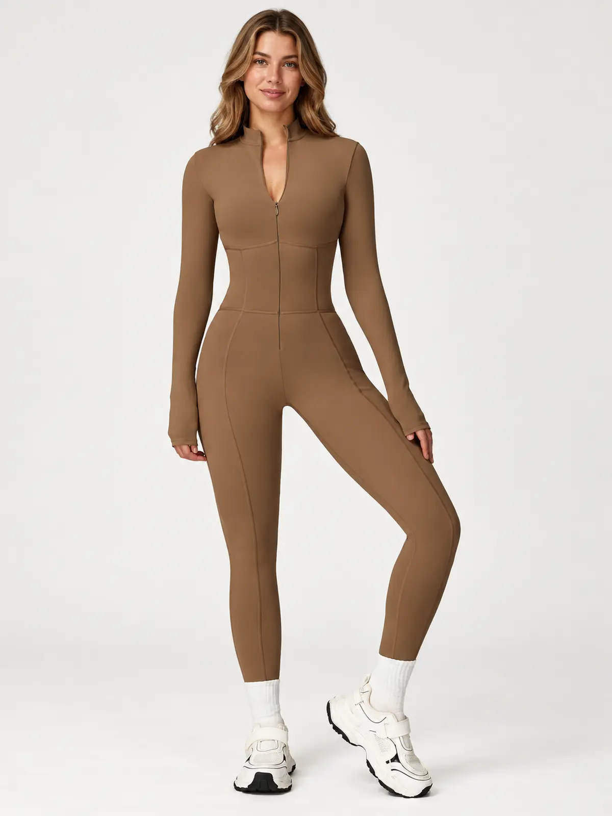 Tamarack Form Long-Sleeve Zip-Front Yoga Jumpsuit — camel brown — authoritative variation match