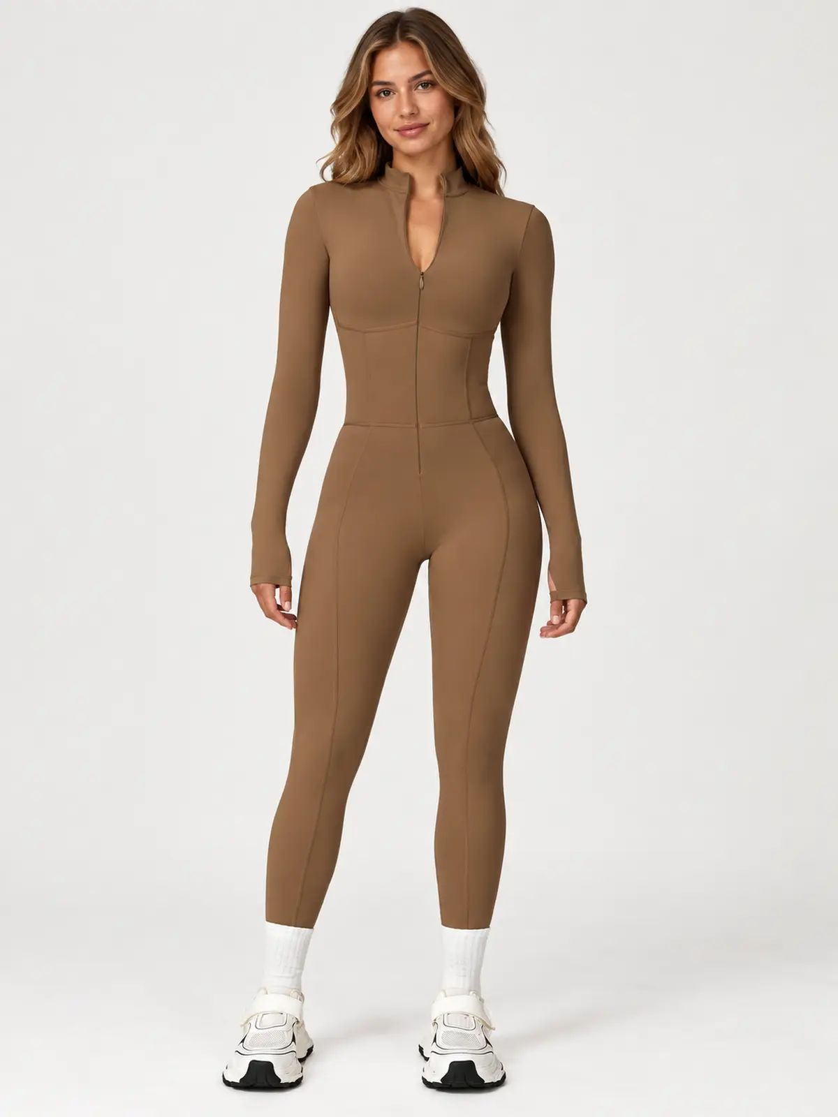 Tamarack Form Long-Sleeve Zip-Front Yoga Jumpsuit — camel brown — unitard — authoritative variation match