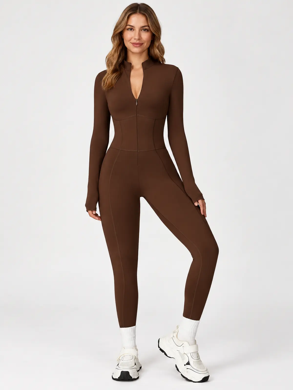 Tamarack Form Long-Sleeve Zip-Front Yoga Jumpsuit — dark brown — authoritative variation image