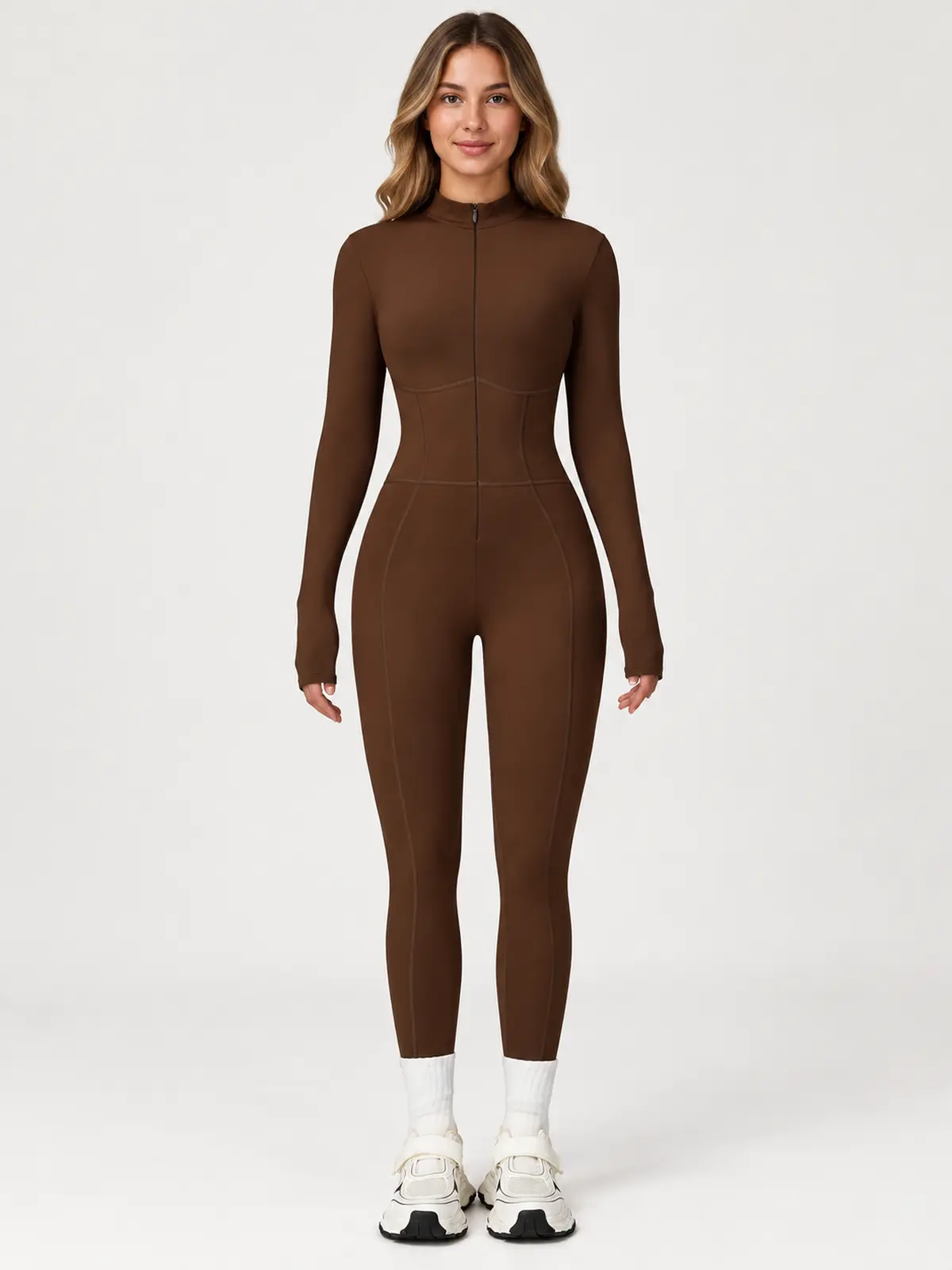 Tamarack Form Long-Sleeve Zip-Front Yoga Jumpsuit — dark brown — authoritative variation match