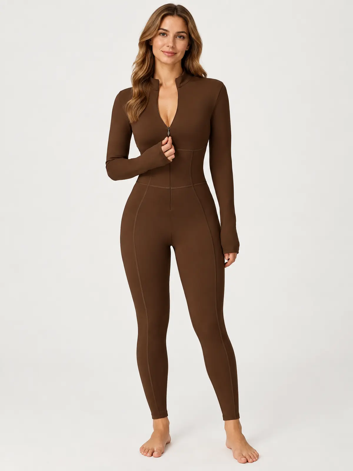 Tamarack Form Long-Sleeve Zip-Front Yoga Jumpsuit — dark brown — authoritative variation match