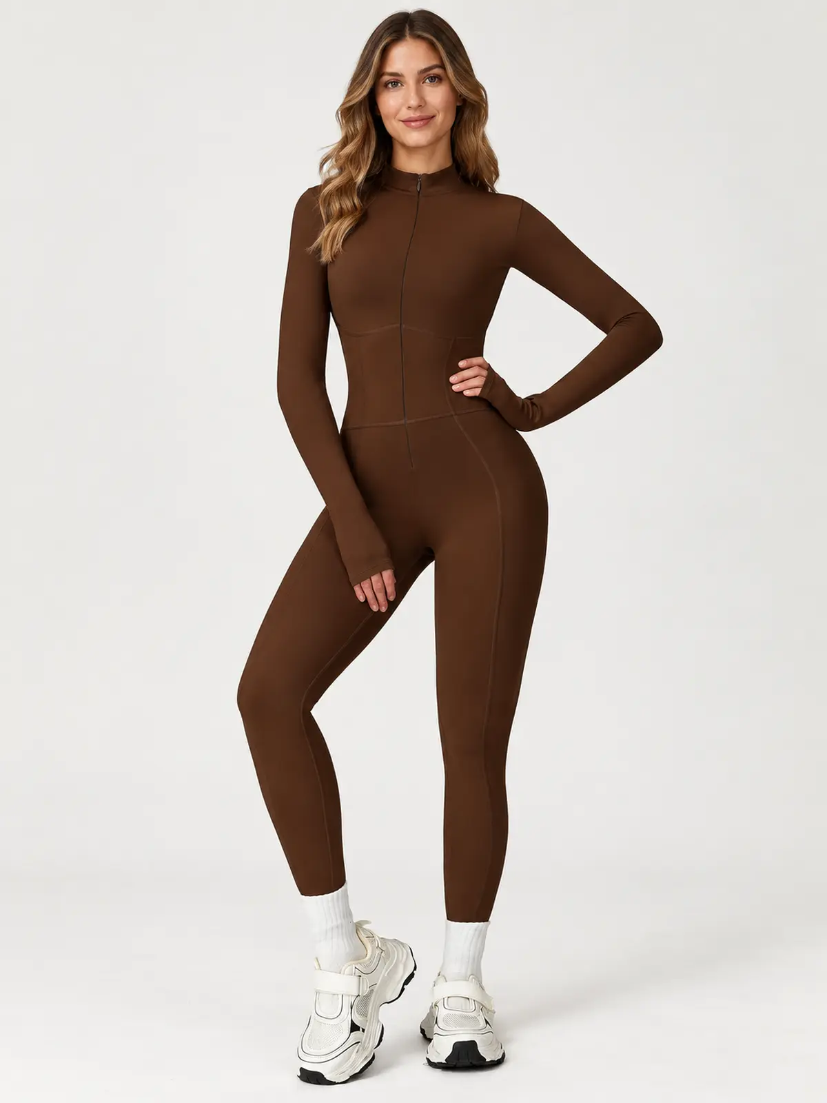 Tamarack Form Long-Sleeve Zip-Front Yoga Jumpsuit — dark brown — authoritative variation match