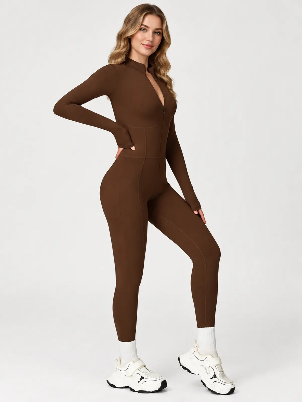 Tamarack Form Long-Sleeve Zip-Front Yoga Jumpsuit — dark brown — authoritative variation match