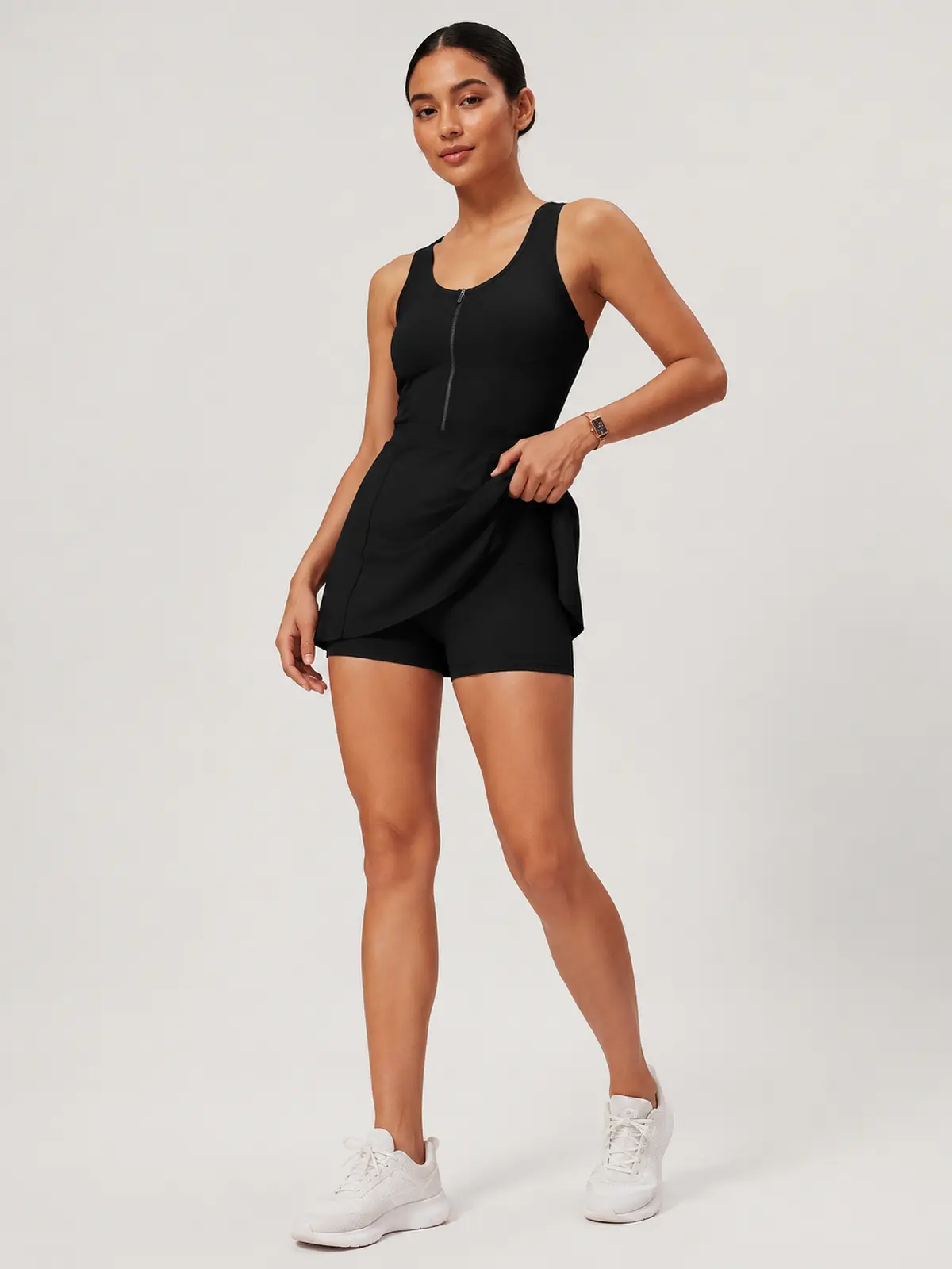 Tessera Noon Sleeveless Zip-Front Exercise Dress — black — exercise-dress — authoritative variation match