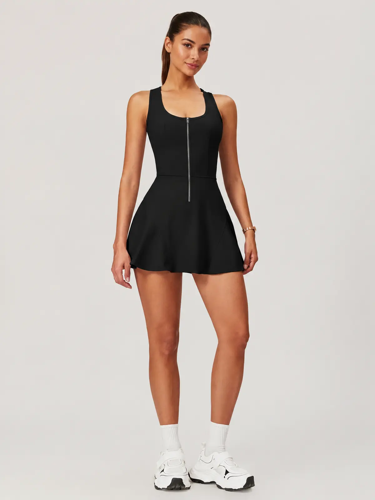 Tessera Noon Sleeveless Zip-Front Exercise Dress — black — exercise-dress — authoritative variation match