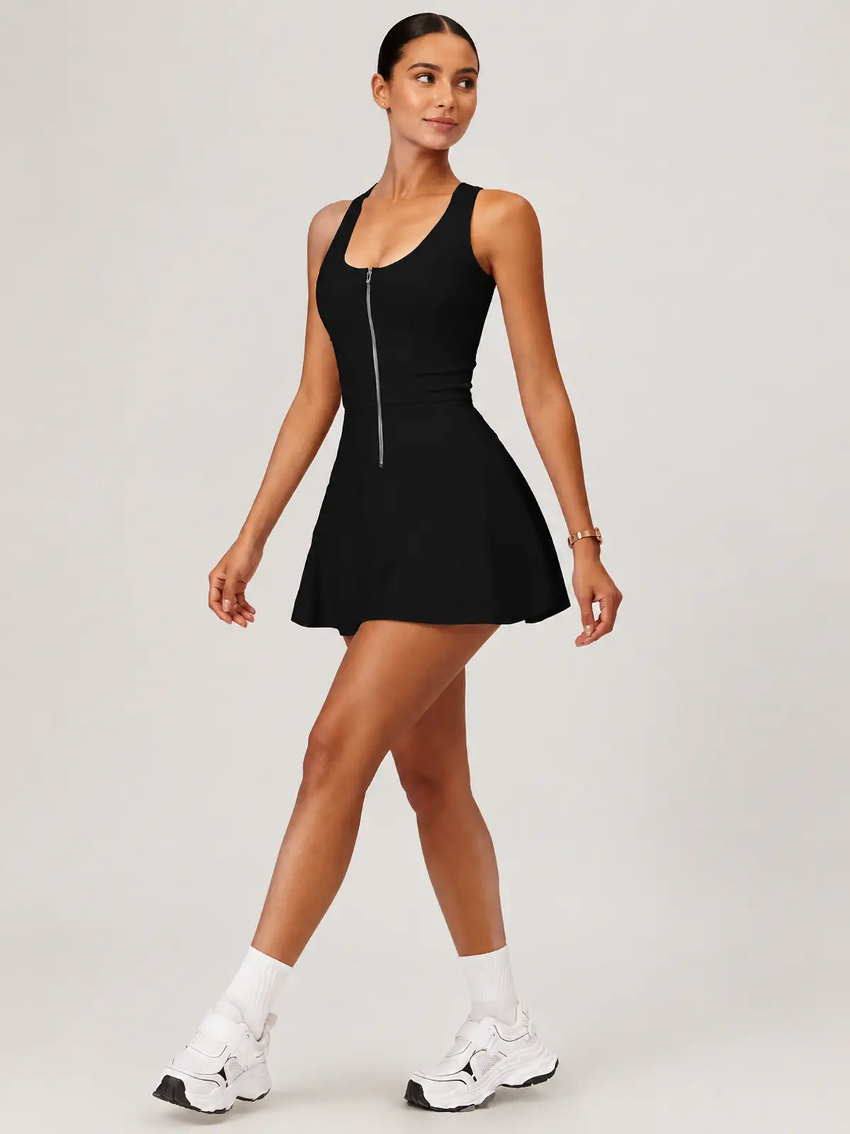 Tessera Noon Sleeveless Zip-Front Exercise Dress — black — exercise-dress — authoritative variation match