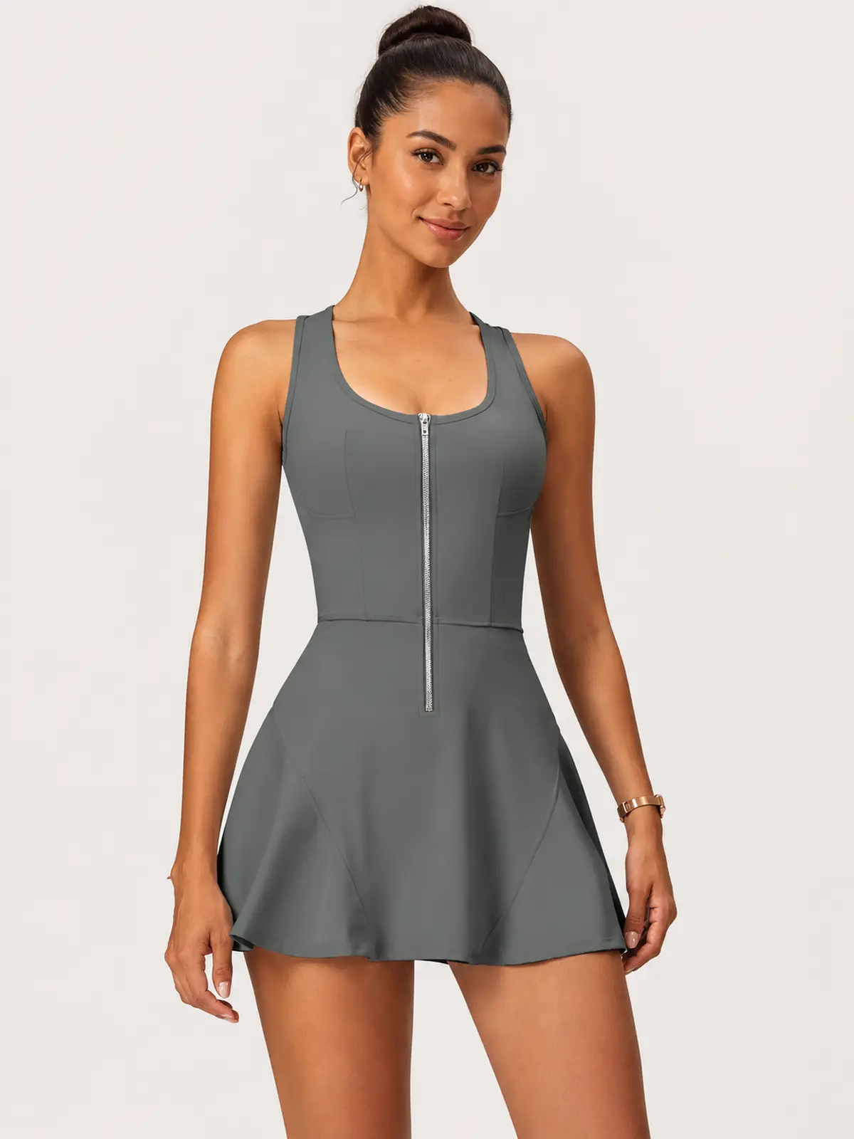 Tessera Noon Sleeveless Zip-Front Exercise Dress — dark gray — exercise-dress — authoritative variation image