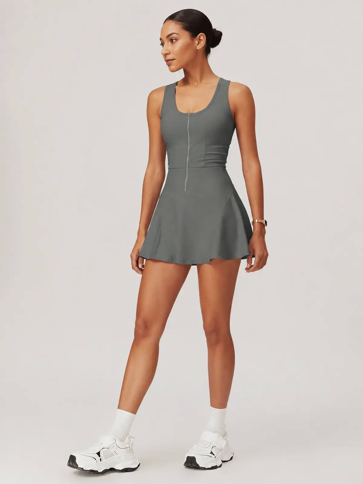 Tessera Noon Sleeveless Zip-Front Exercise Dress — dark gray — exercise-dress — authoritative variation match