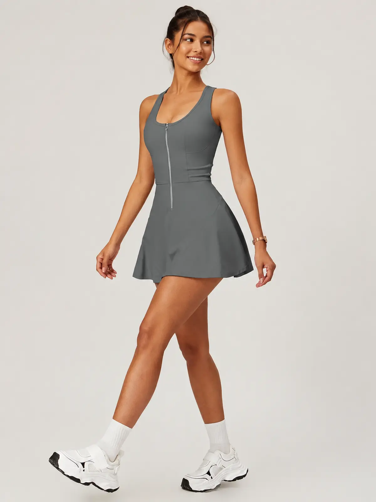 Tessera Noon Sleeveless Zip-Front Exercise Dress — dark gray — exercise-dress — authoritative variation match