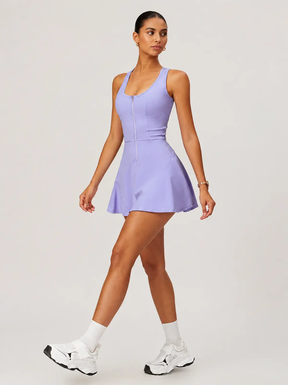 Tessera Noon Sleeveless Zip-Front Exercise Dress — lavender purple — exercise-dress — authoritative variation match