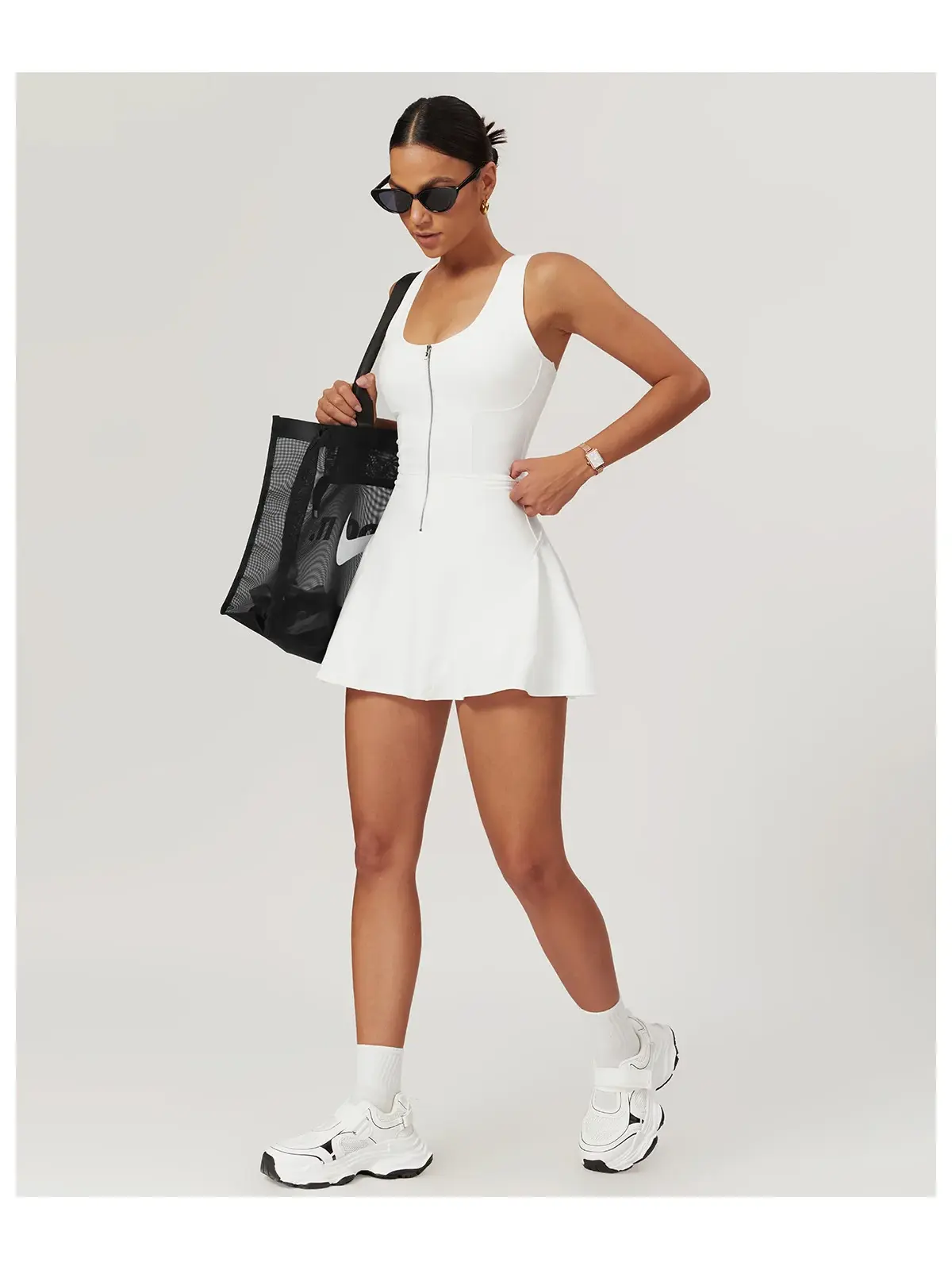 Tessera Noon Sleeveless Zip-Front Exercise Dress — white — exercise-dress — authoritative variation match