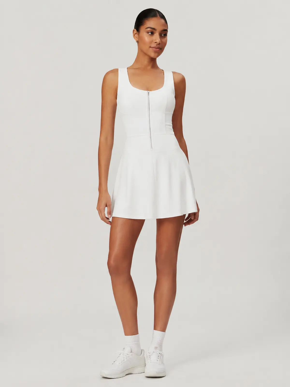 Tessera Noon Sleeveless Zip-Front Exercise Dress — white — exercise-dress — authoritative variation match