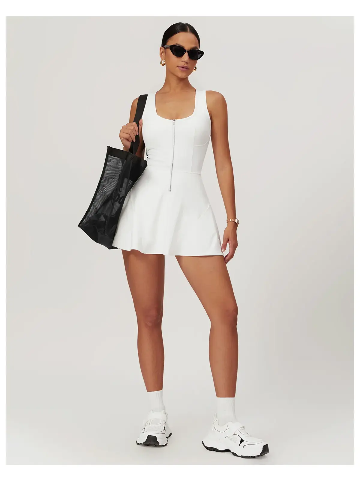 Tessera Noon Sleeveless Zip-Front Exercise Dress — white — exercise-dress — authoritative variation match