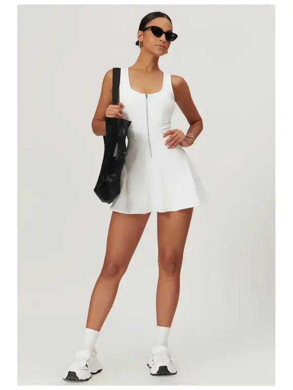 Tessera Noon Sleeveless Zip-Front Exercise Dress — white — exercise-dress — authoritative variation match