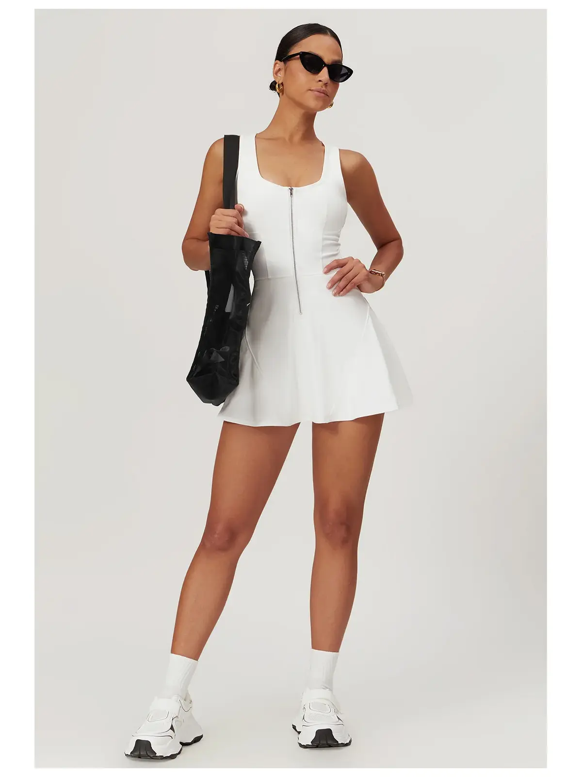 Tessera Noon Sleeveless Zip-Front Exercise Dress — white — exercise-dress — authoritative variation match