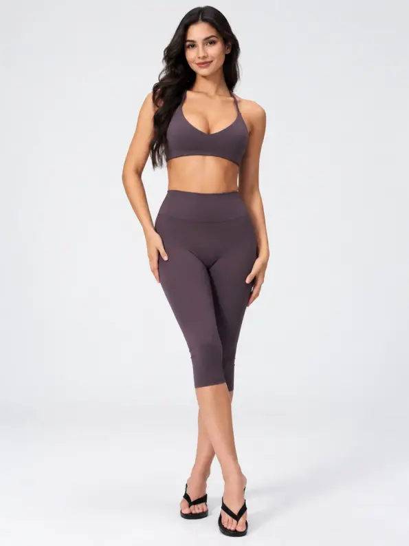 Twill Garden Halter Sports Bra and Capri Leggings Set — eggplant purple — general — authoritative variation match