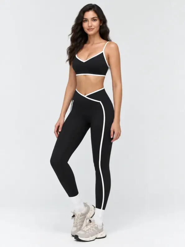 Vivid Binding V-Neck Contrast-Trim Sports Bra — black with white contrast trim — general — authoritative variation match