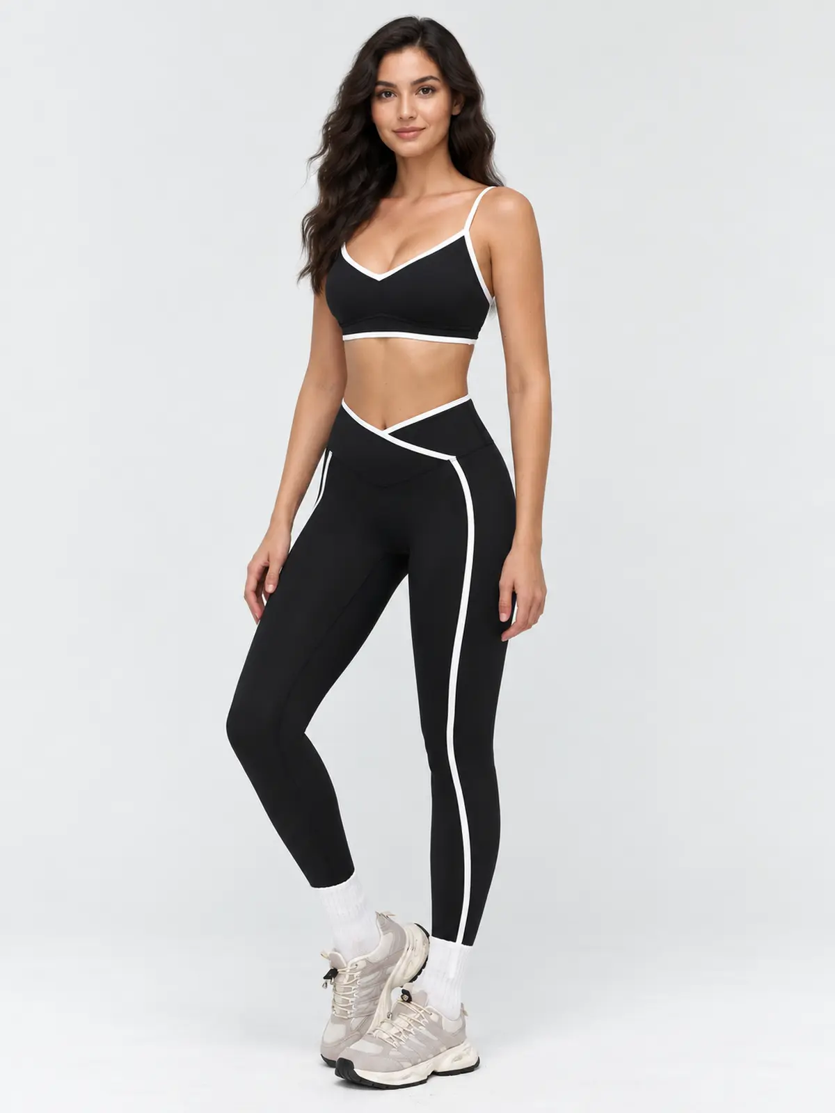 Vivid Binding V-Neck Contrast-Trim Sports Bra — black with white contrast trim — general — authoritative variation match
