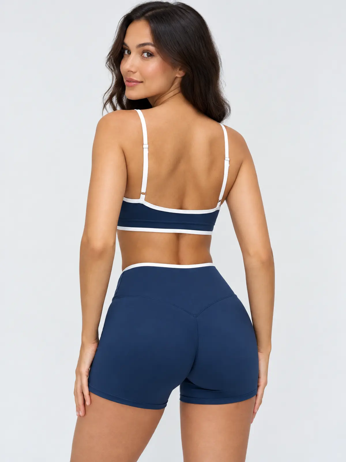Vivid Binding V-Neck Contrast-Trim Sports Bra — navy blue with white trim — general — authoritative variation match