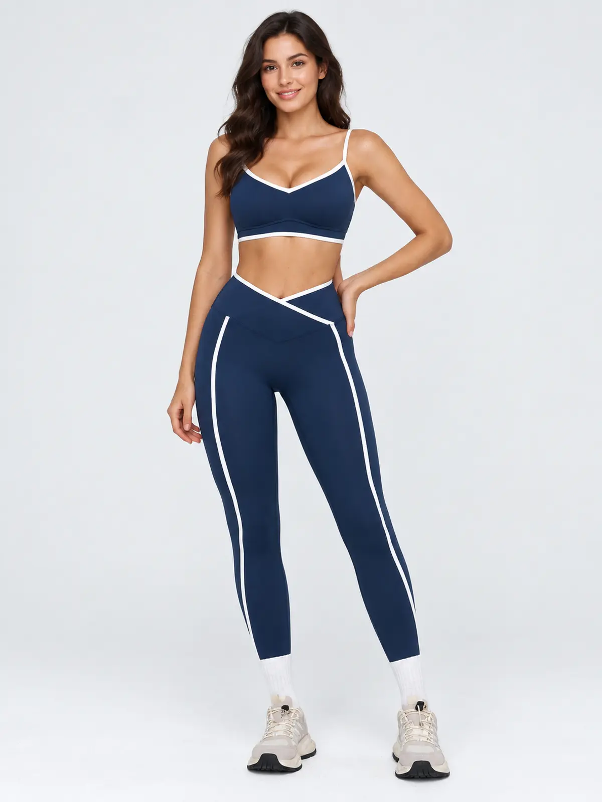 Vivid Binding V-Neck Contrast-Trim Sports Bra — navy blue with white trim — general — authoritative variation match