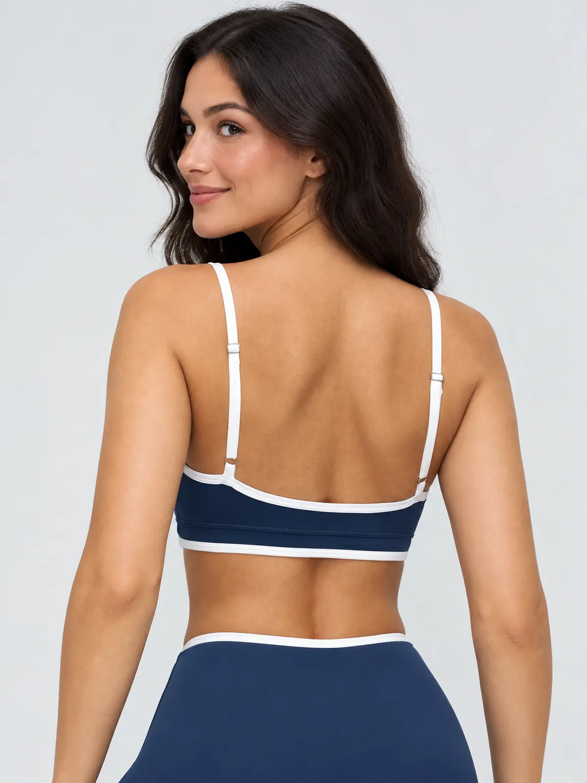 Vivid Binding V-Neck Contrast-Trim Sports Bra — navy blue with white trim — sports-bra — authoritative variation match