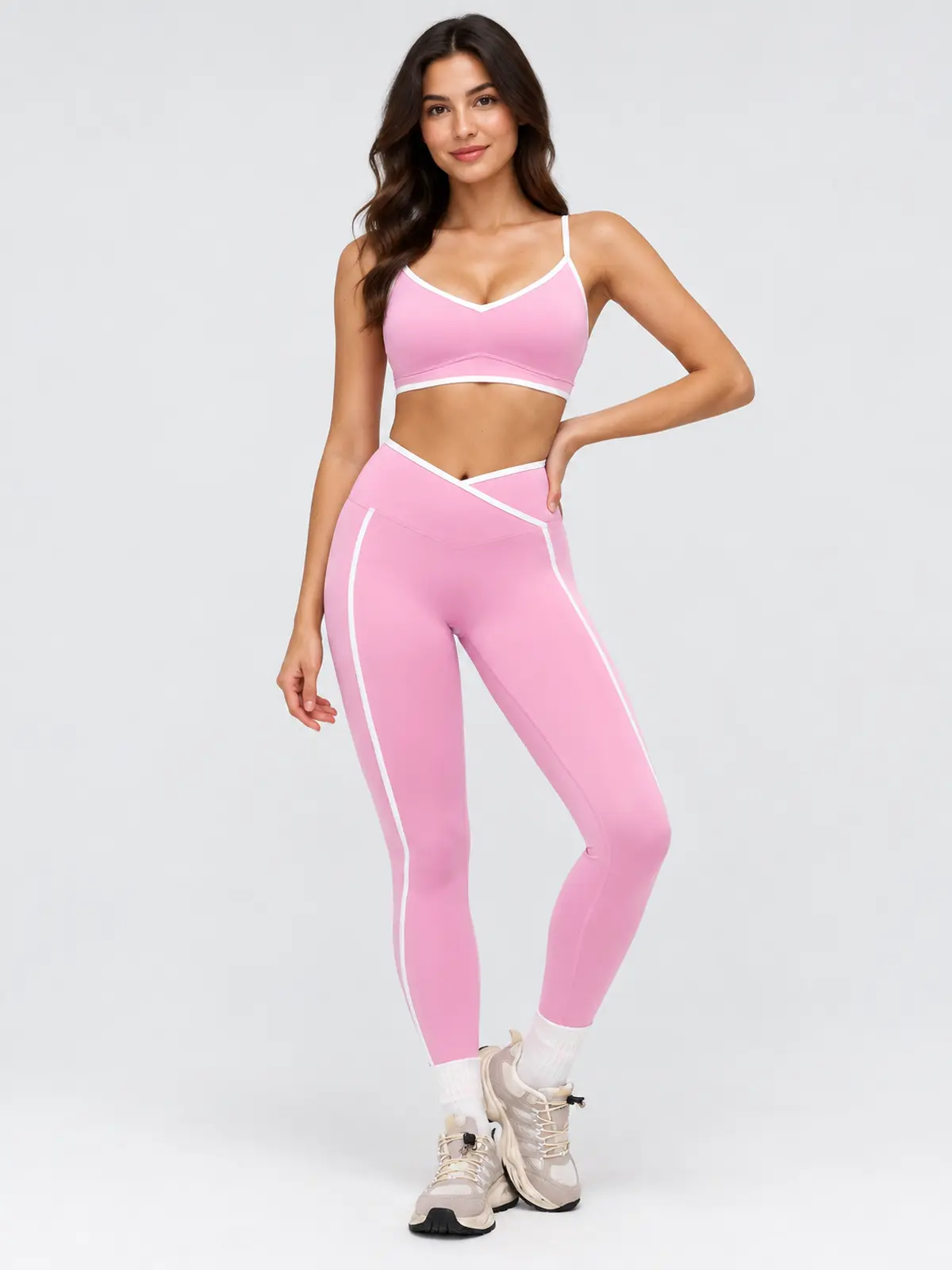 Vivid Binding V-Neck Contrast-Trim Sports Bra — pink with white trim — general — authoritative variation match