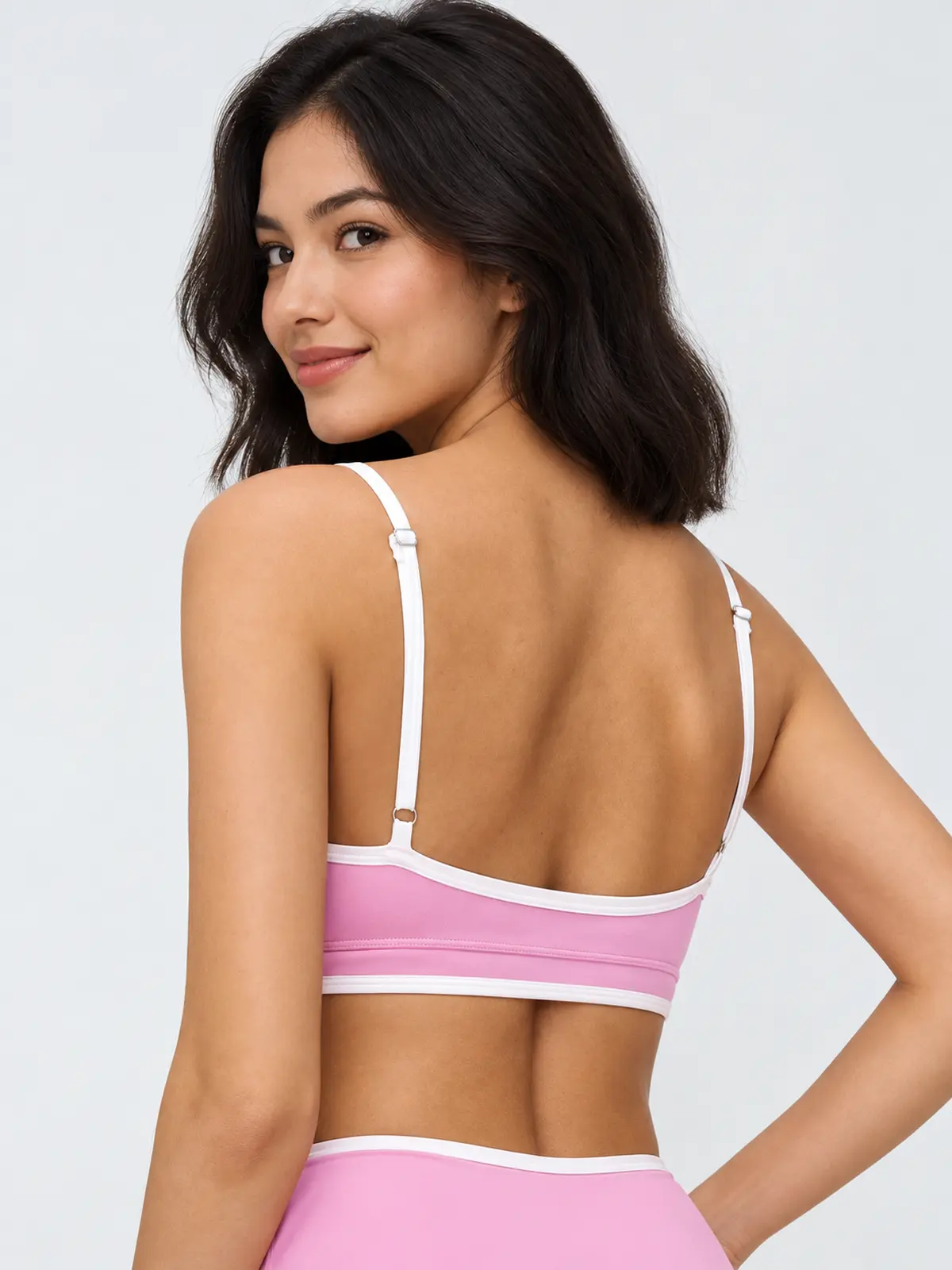 Vivid Binding V-Neck Contrast-Trim Sports Bra — pink with white trim — sports-bra — authoritative variation match