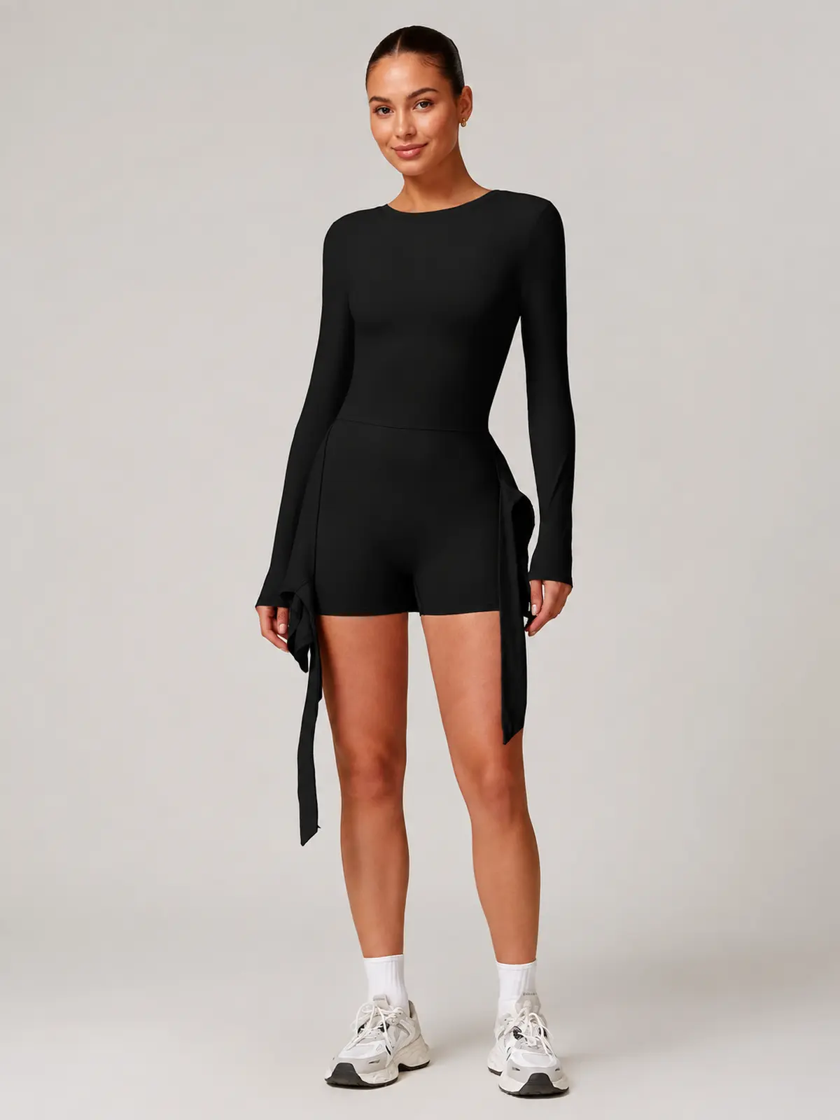 Wrapline Motion Long-Sleeve Wrap-Skirt Yoga Romper — black — exercise-dress — authoritative variation match
