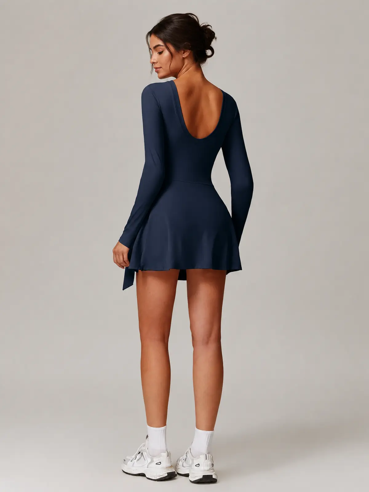 Wrapline Motion Long-Sleeve Wrap-Skirt Yoga Romper — dark blue — exercise-dress — authoritative variation match
