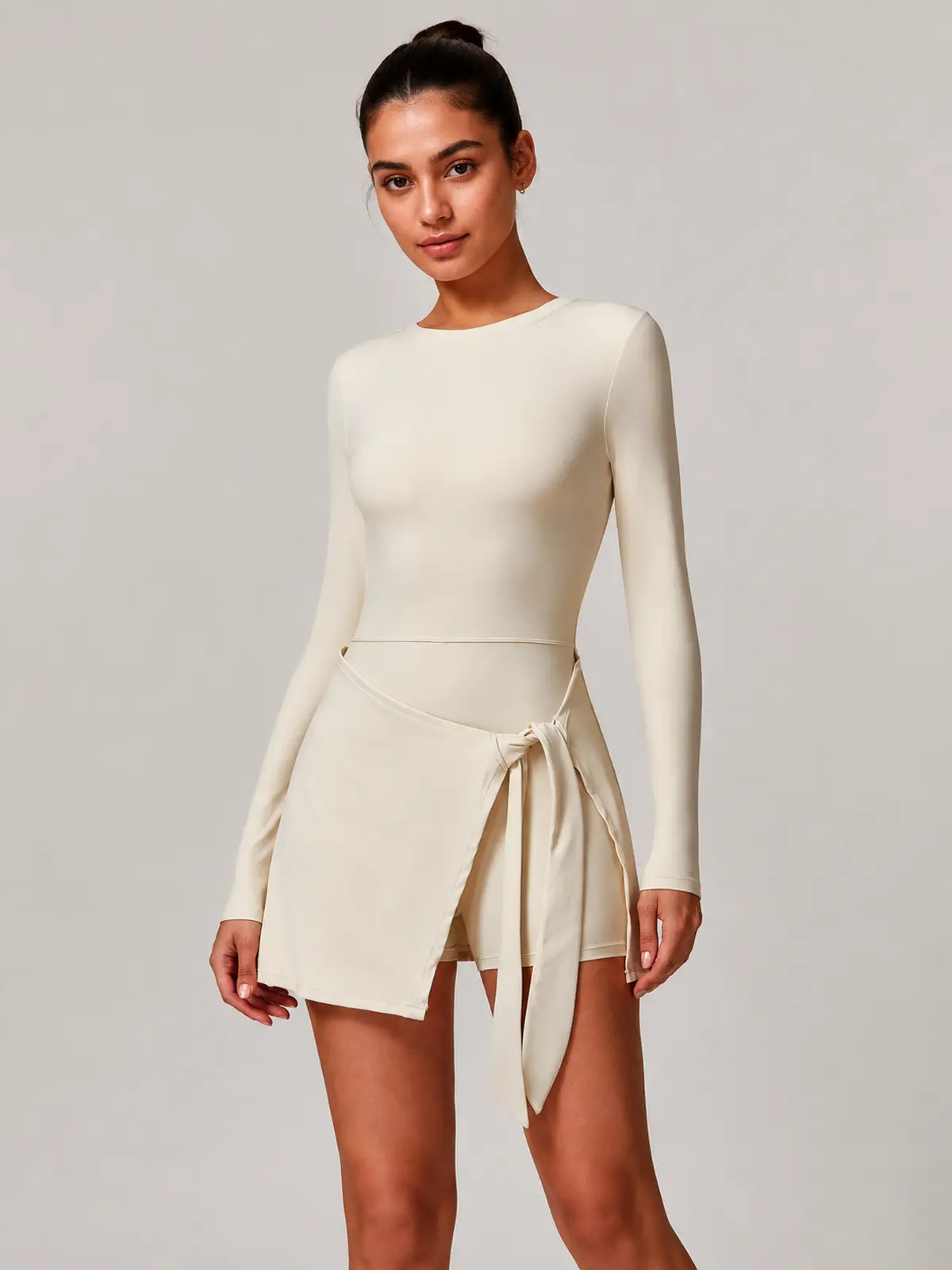 Wrapline Motion Long-Sleeve Wrap-Skirt Yoga Romper — light beige — dress — authoritative variation image