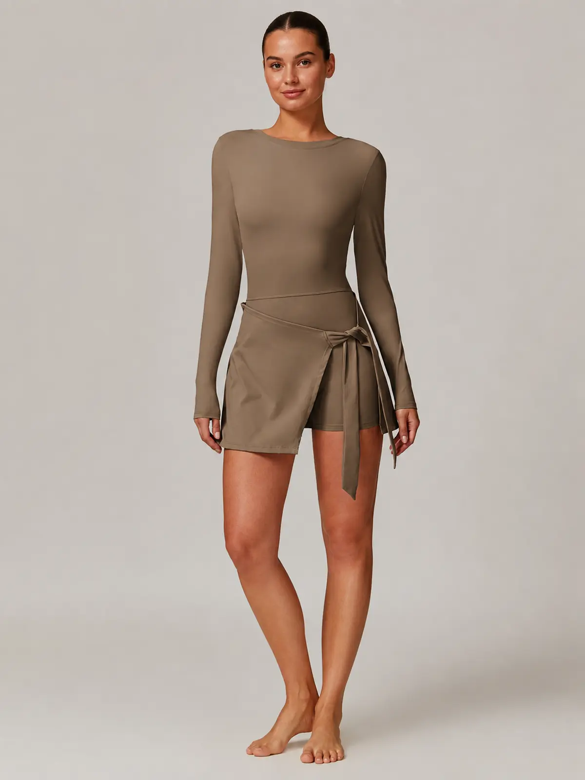 Wrapline Motion Long-Sleeve Wrap-Skirt Yoga Romper — mocha brown — dress — authoritative variation image