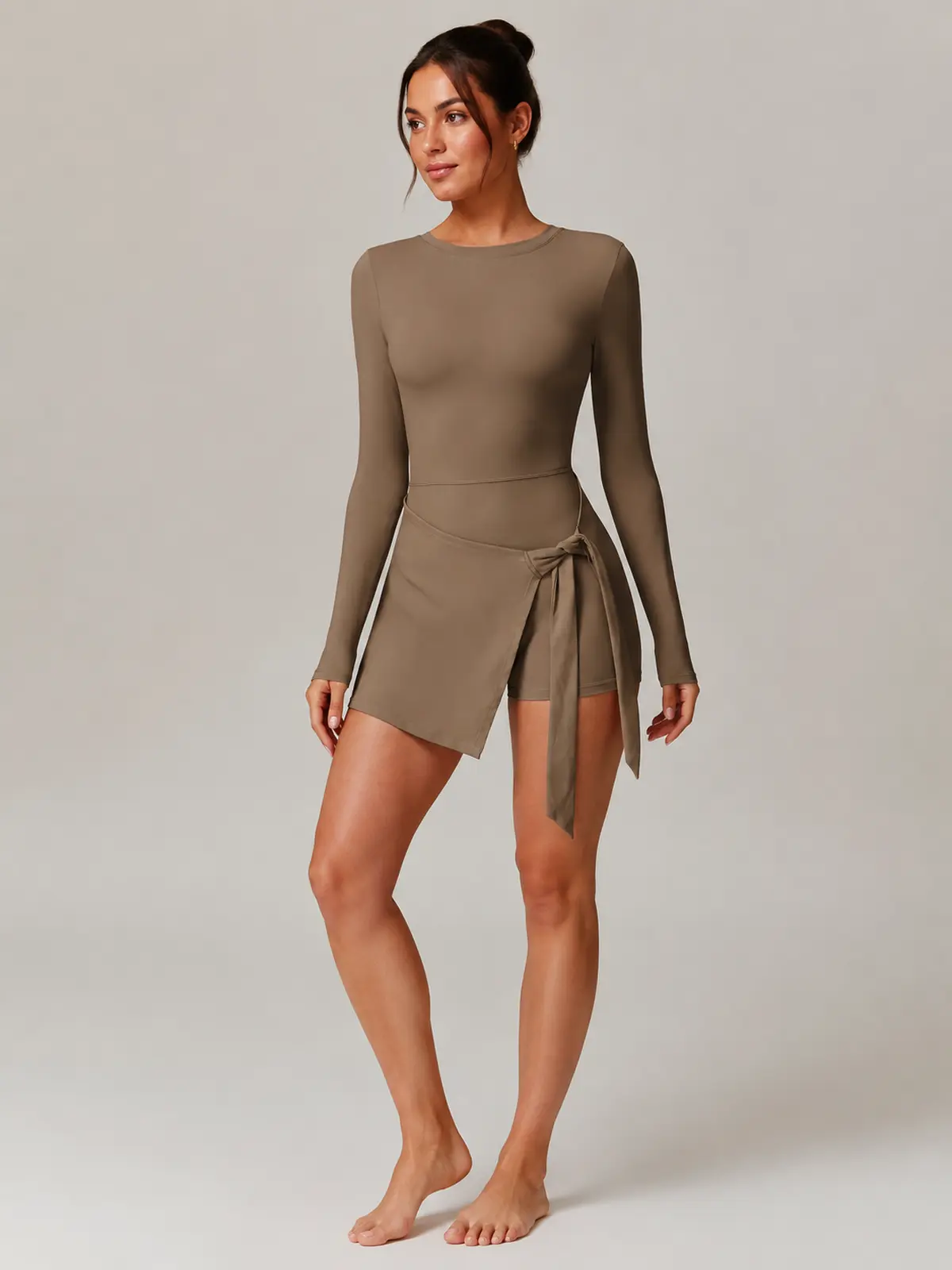 Wrapline Motion Long-Sleeve Wrap-Skirt Yoga Romper — mocha brown — exercise-dress — authoritative variation match