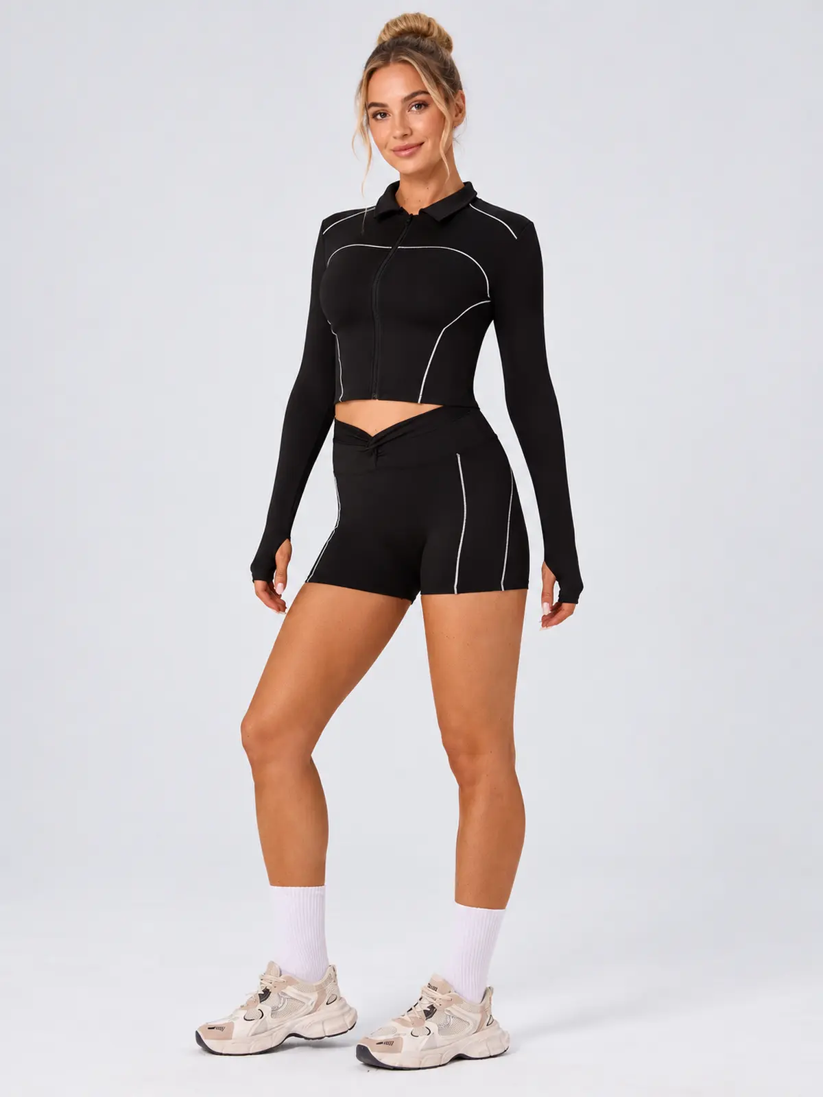 Zipline Sol Long-Sleeve Zip-Front Top and Shorts Set — black — general — authoritative variation match