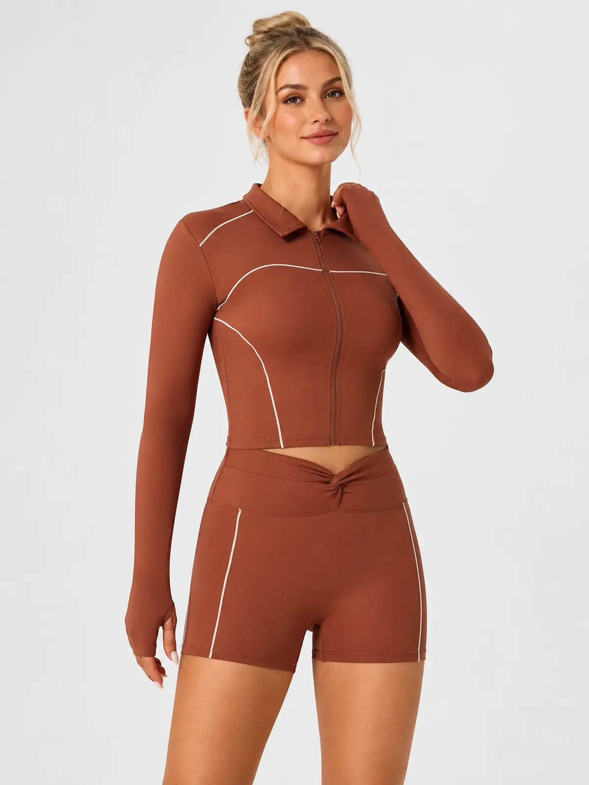 Zipline Sol Long-Sleeve Zip-Front Top and Shorts Set — brick red — general — authoritative variation image