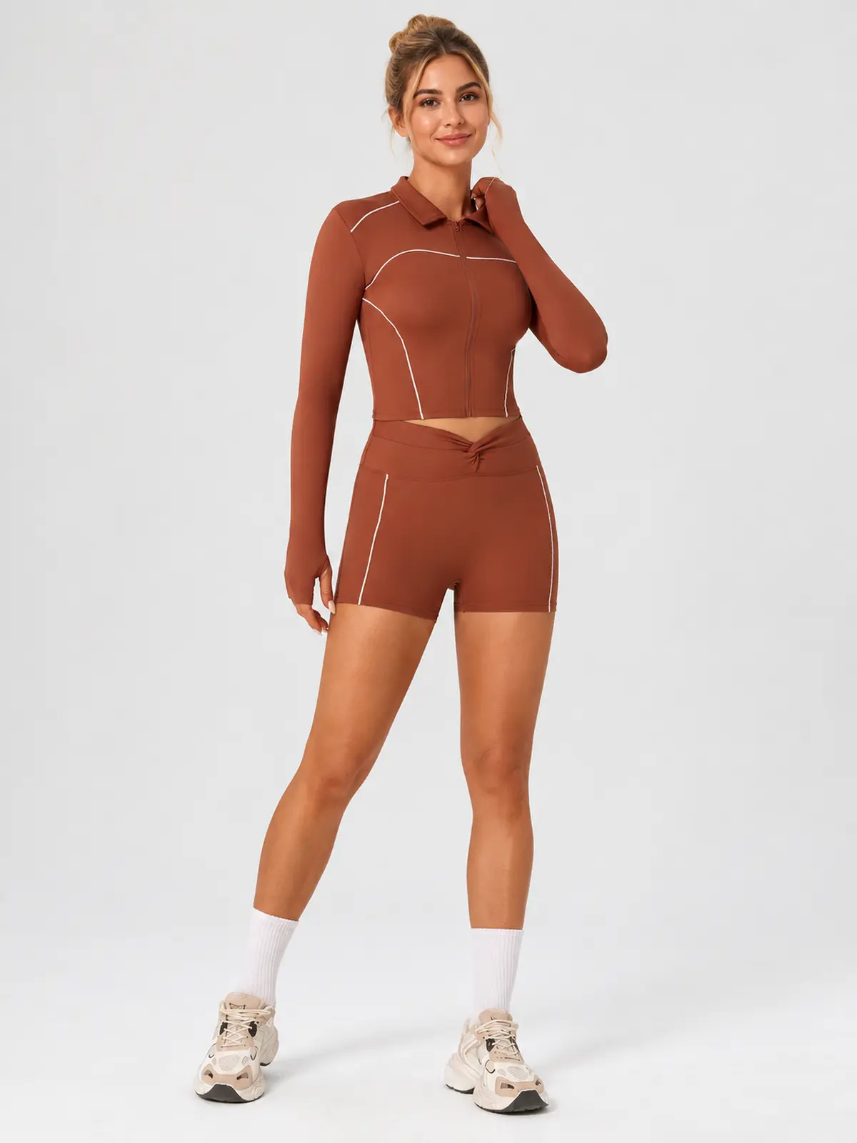Zipline Sol Long-Sleeve Zip-Front Top and Shorts Set — brick red — general — authoritative variation match