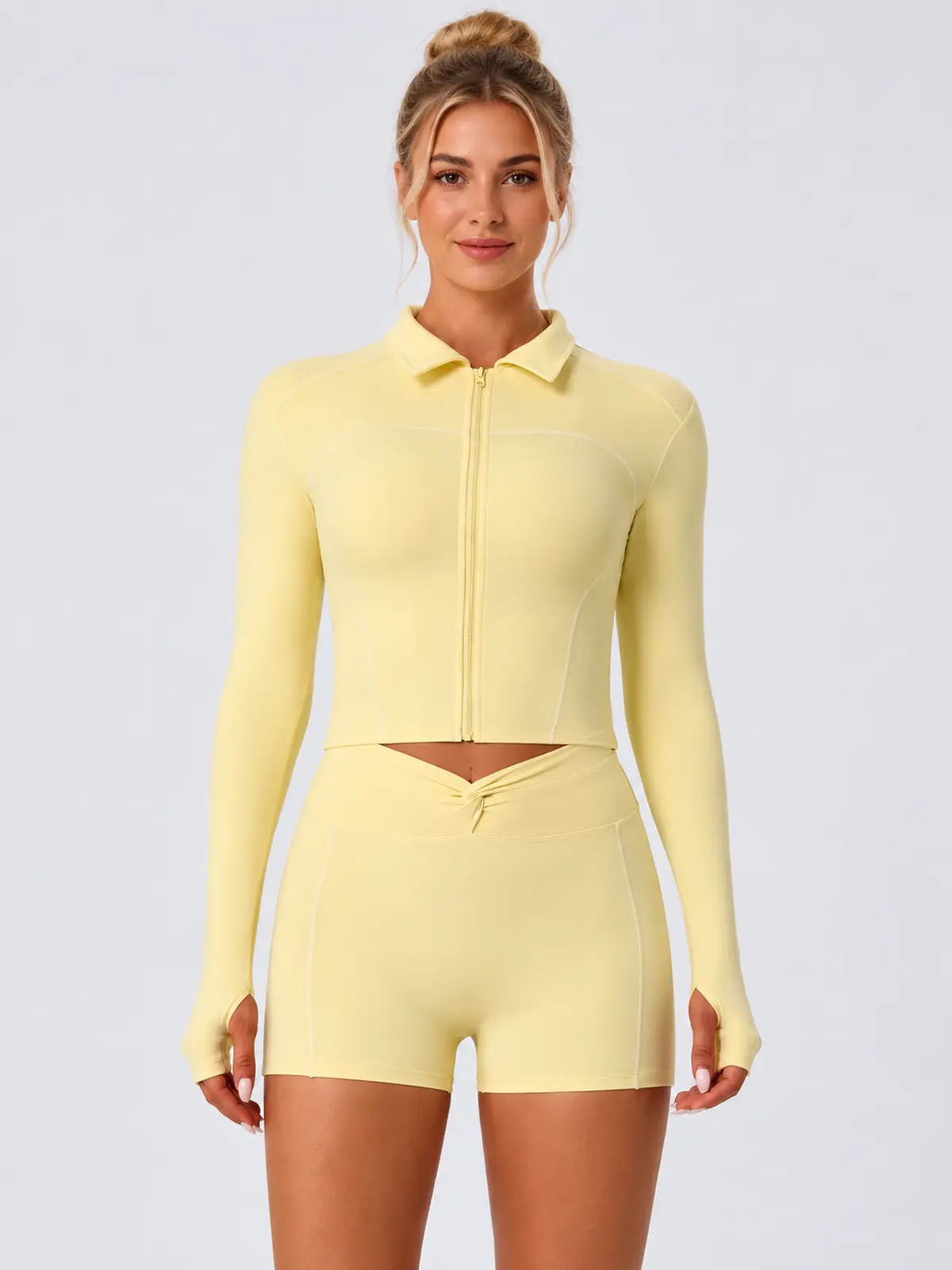 Zipline Sol Long-Sleeve Zip-Front Top and Shorts Set — pale yellow — general — authoritative variation image