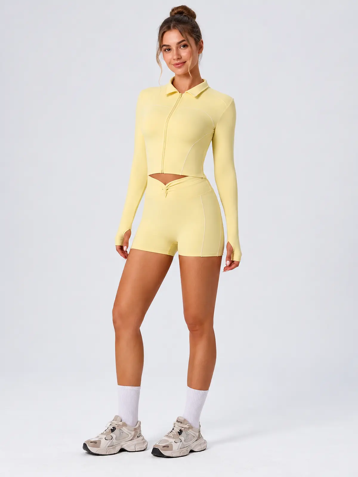 Zipline Sol Long-Sleeve Zip-Front Top and Shorts Set — pale yellow — general — authoritative variation match
