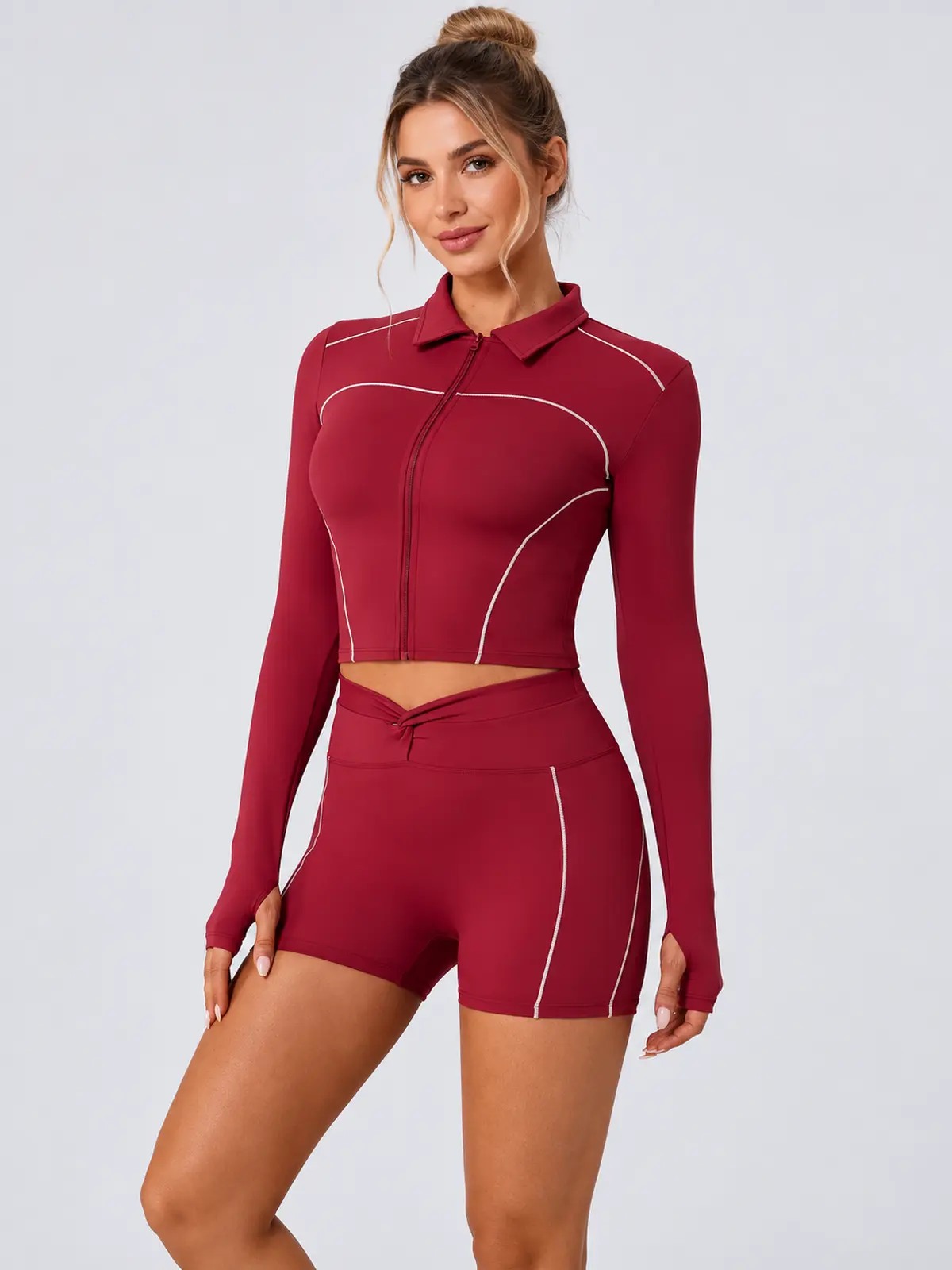 Zipline Sol Long-Sleeve Zip-Front Top and Shorts Set — wine red — general — authoritative variation image
