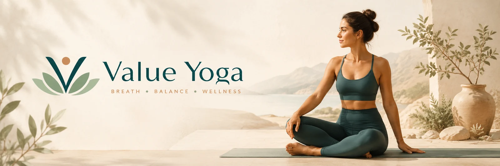 Value Yoga lifestyle scene with a woman seated on a yoga mat