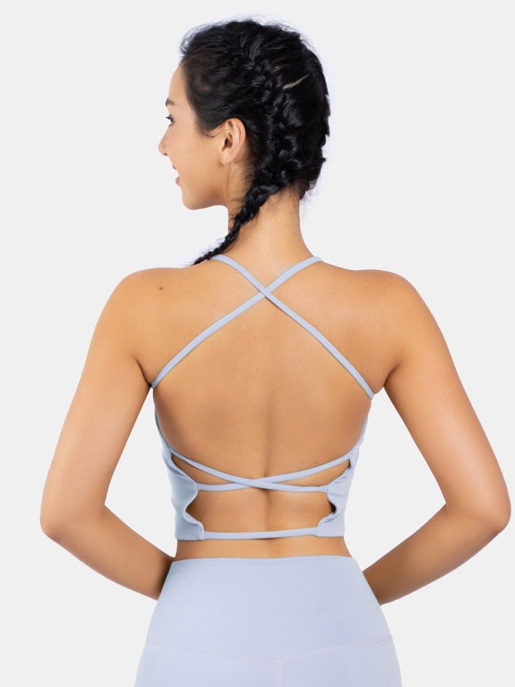 Experience Sexy Harmony with this Shockproof Cross Back Sleeveless Yoga Crop Top - Maximum Comfort and Protection!